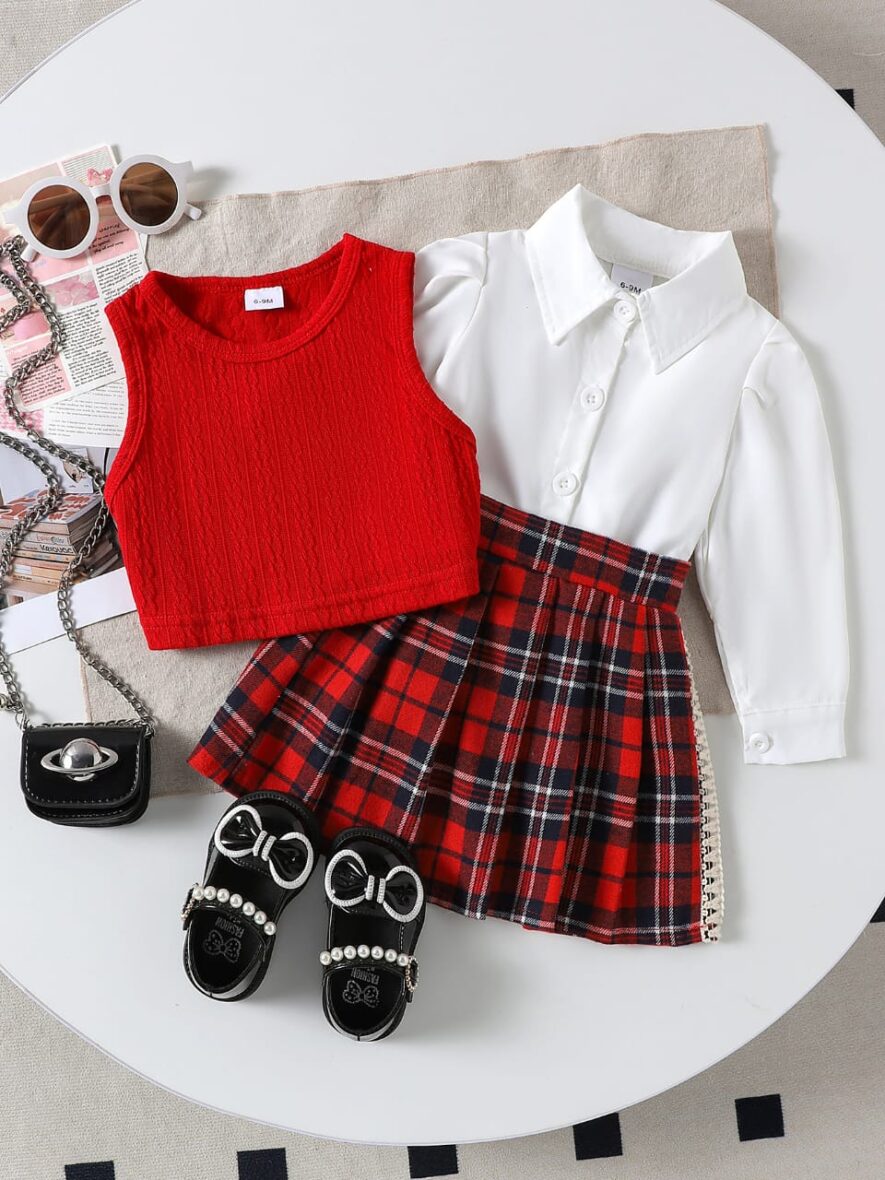 Toddler And Baby Girl Red Jacket With White Long Sleeve Top With Red Plaid Skirt 3pcs