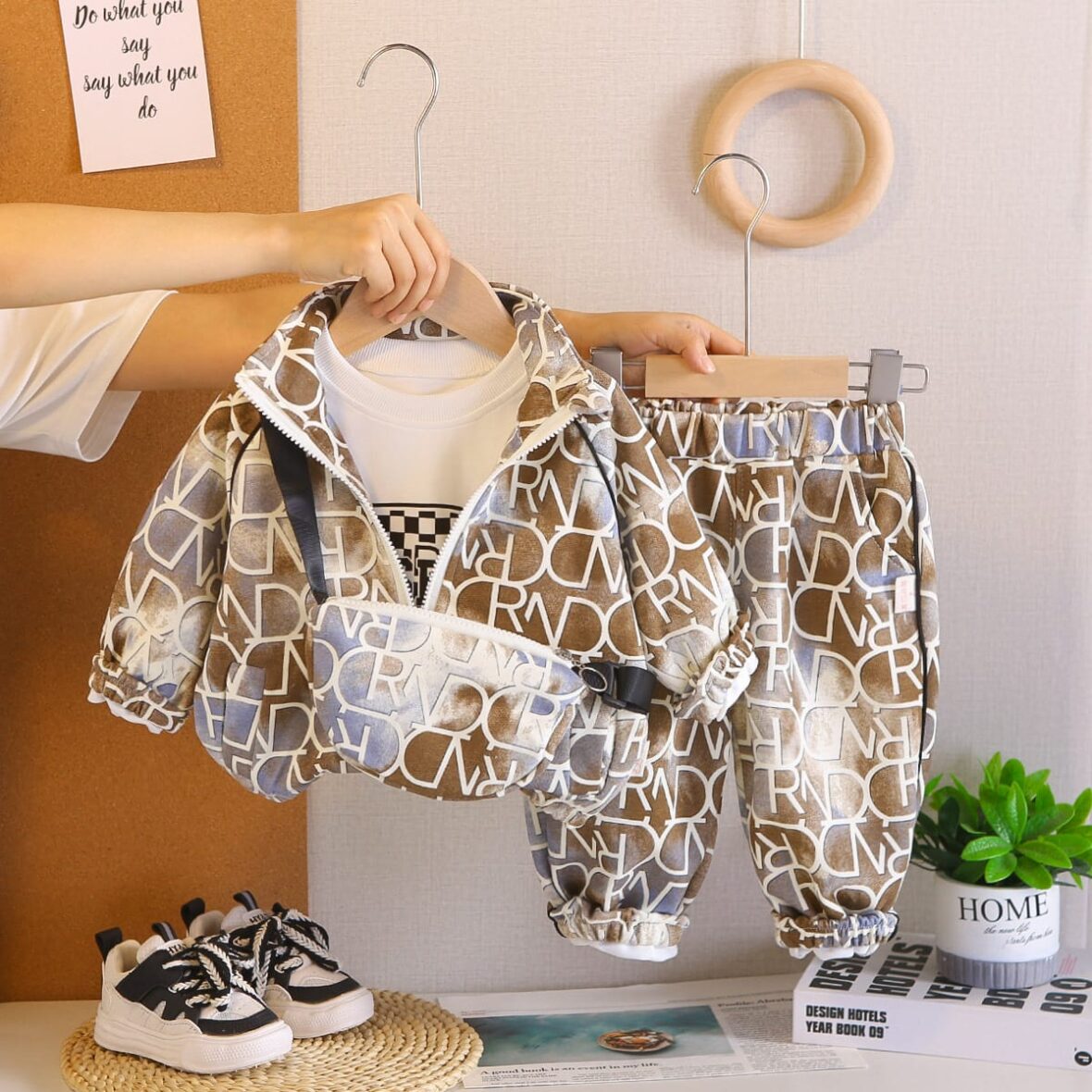 Toddler And Kids Boys Set with Printed Jacket, Pants, and Crossbody Bag