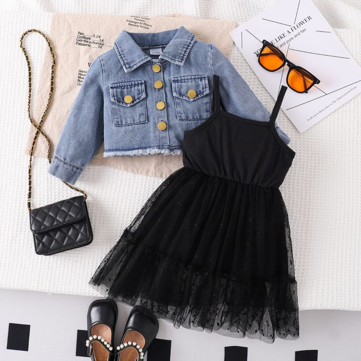 Toddler And Kids Girls Black Tulle Dress with Denim Jacket 2pcs