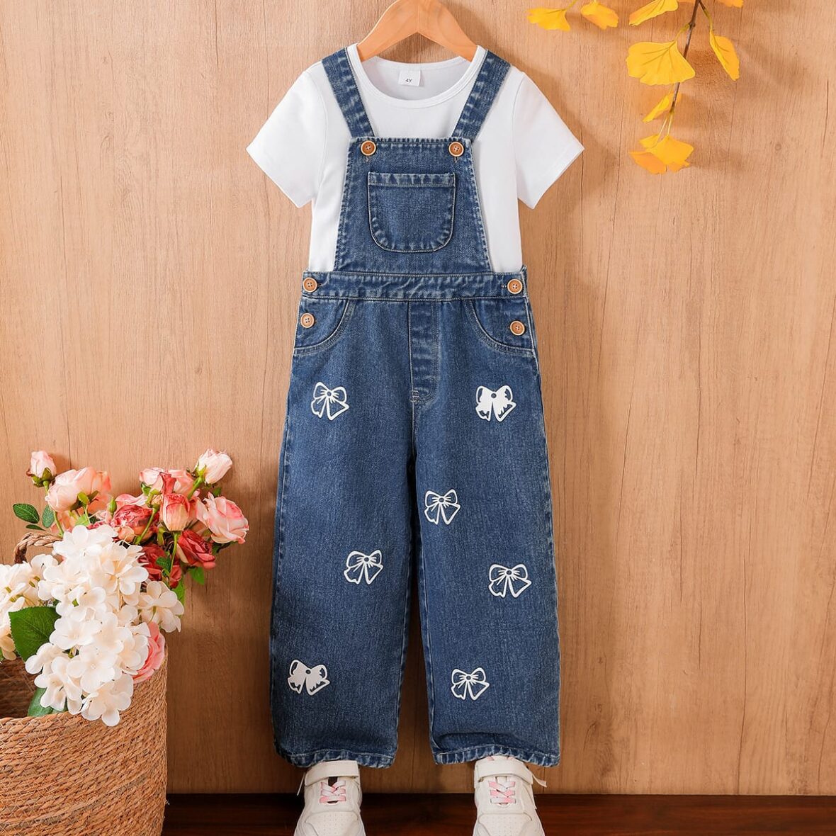 Toddler And Kids Girls Denim Butterfly Dung With White Tee 2pcs