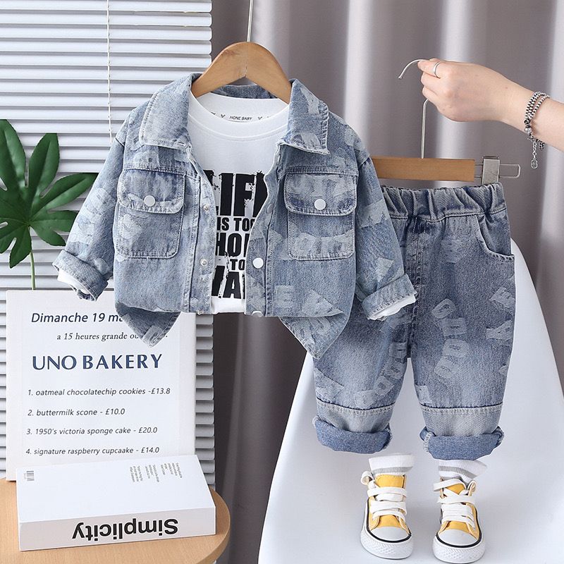 Toddler And Kids Two Pockets Denim Jacket With White Tee Shirt And Denim Trouser 3pcs