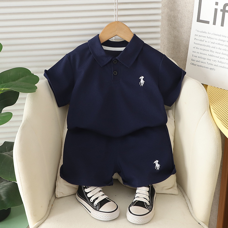 Toddler Boy Collar Navy Polo Shirt and Shorts Set (1)