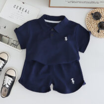 Toddler Boy Collar Navy Polo Shirt and Shorts Set (2)