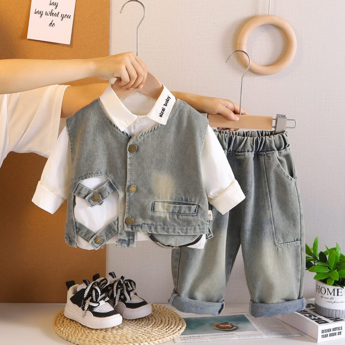 Toddler Boys Denim Vest Jacket With White Shirt And Denim Trouser