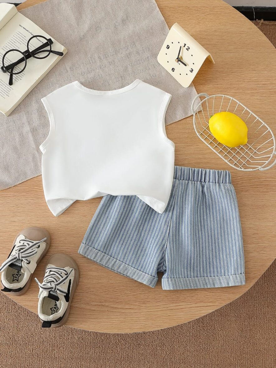Toddler Boys Summer Outfit Set – White Tank Top & Blue Striped Shorts (1)