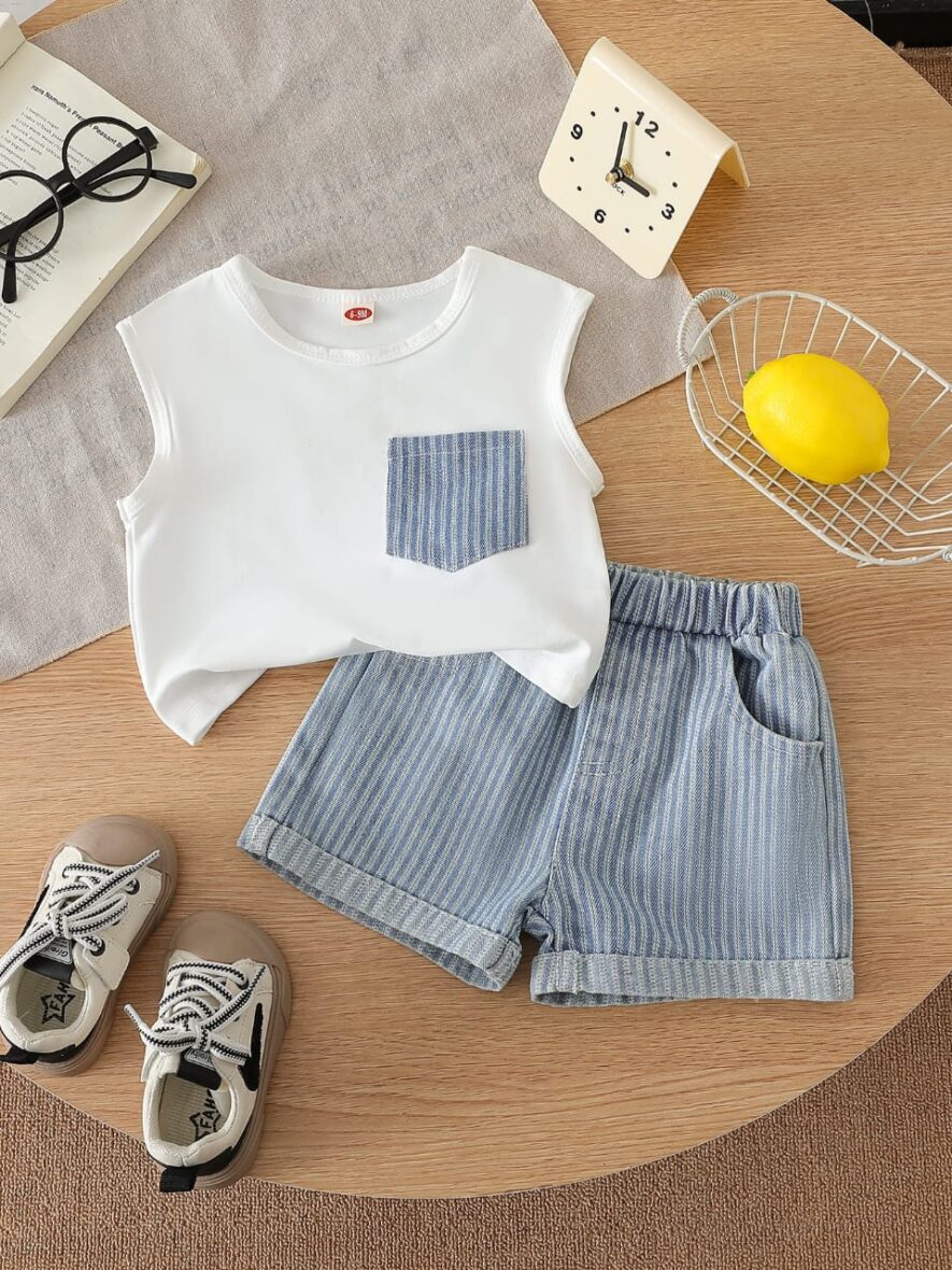 Toddler Boys Summer Outfit Set – White Tank Top & Blue Striped Shorts 2pcs