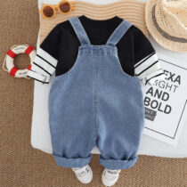 Toddler Denim Overalls Outfit with Striped Shirt (3)