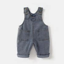 Toddler Denim Overalls – Blue Adjustable Straps with Front Pockets and Rolled Cuffs