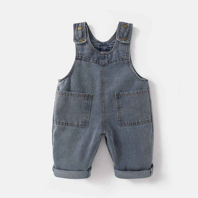 Toddler Denim Overalls – Blue Adjustable Straps with Front Pockets and Rolled Cuffs