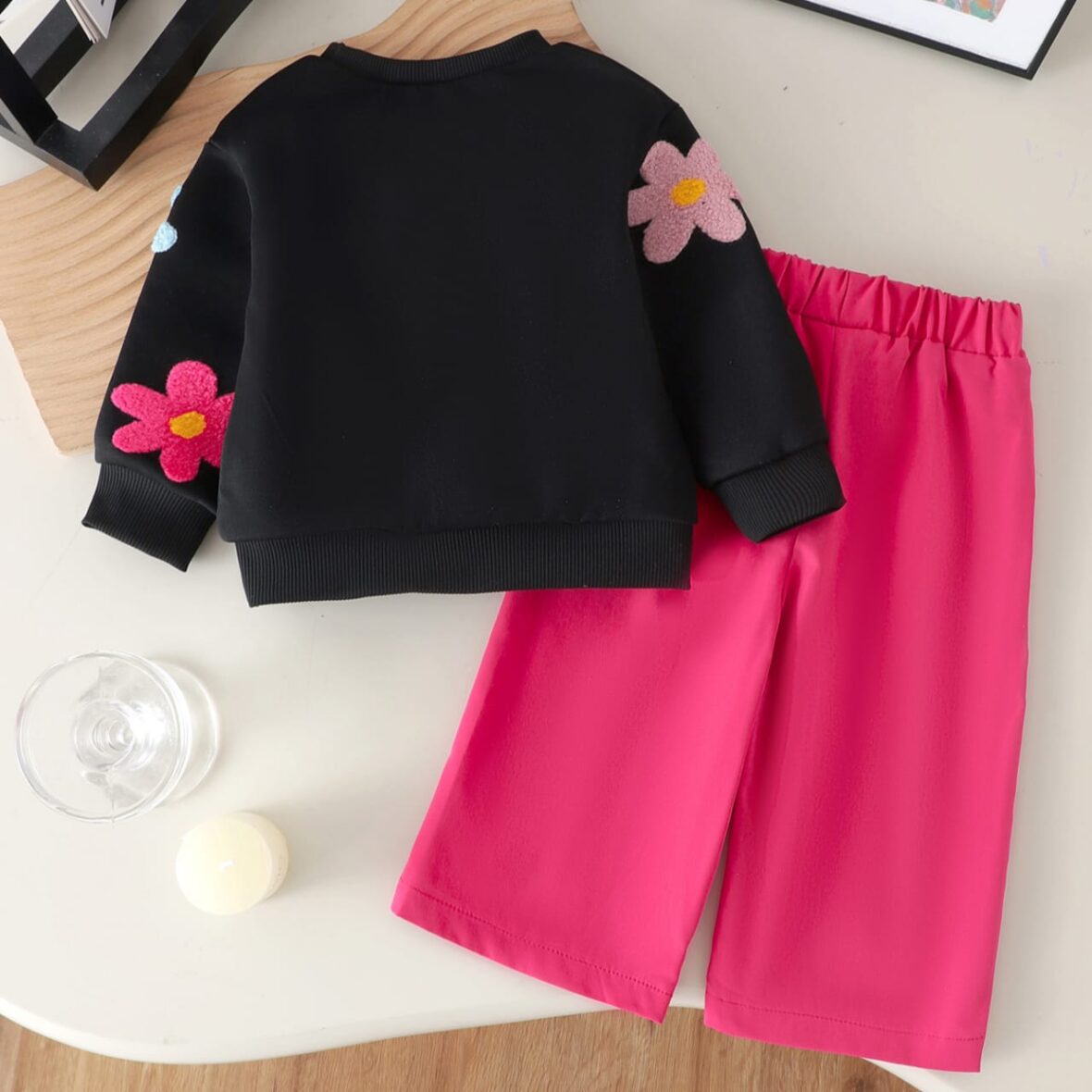 Toddler Girl Black Floral Sweatshirt and Pink Trouser 2pcs (2)