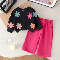 Toddler Girl Black Floral Sweatshirt and Pink Trouser 2pcs