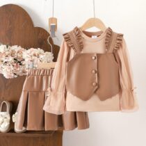 Toddler Girl Brown jacket And Skirt 3pcs
