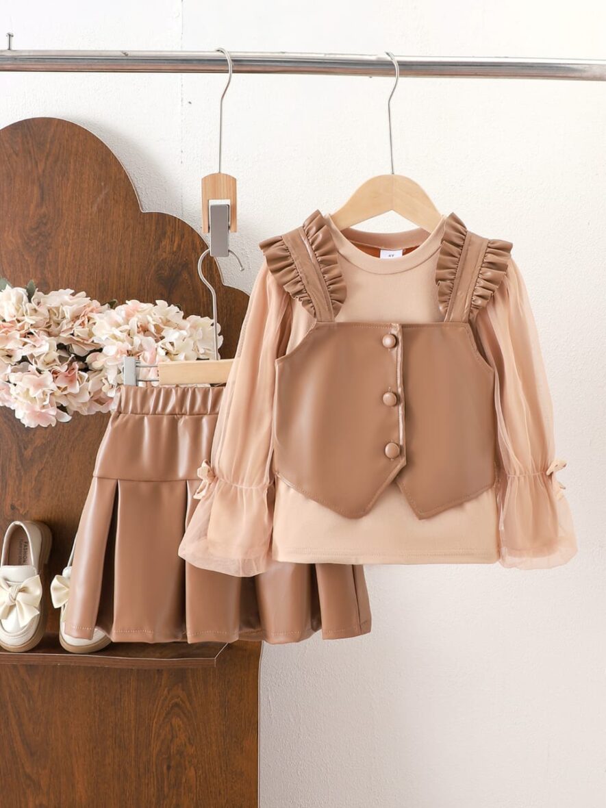 Toddler Girl Brown jacket And Skirt 3pcs (2)