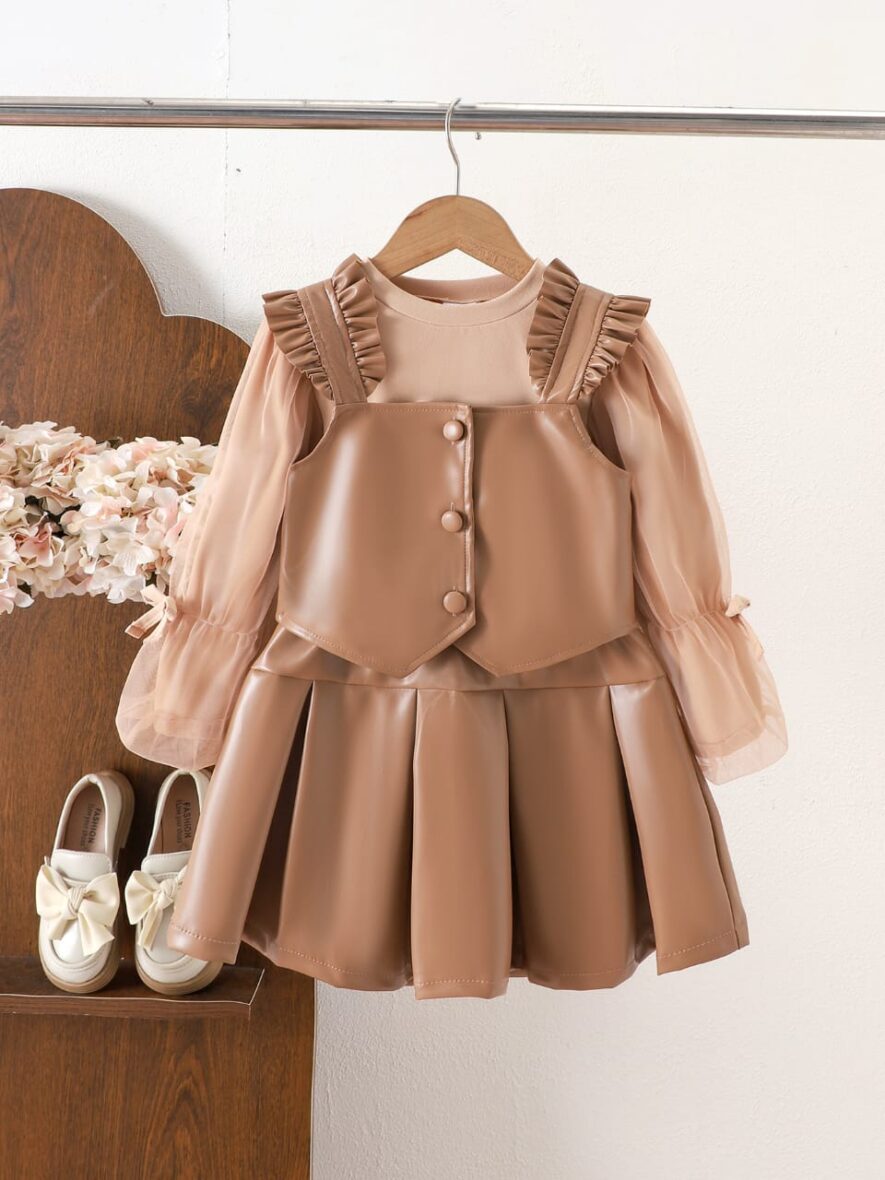 Toddler Girl Brown jacket And Skirt 3pcs