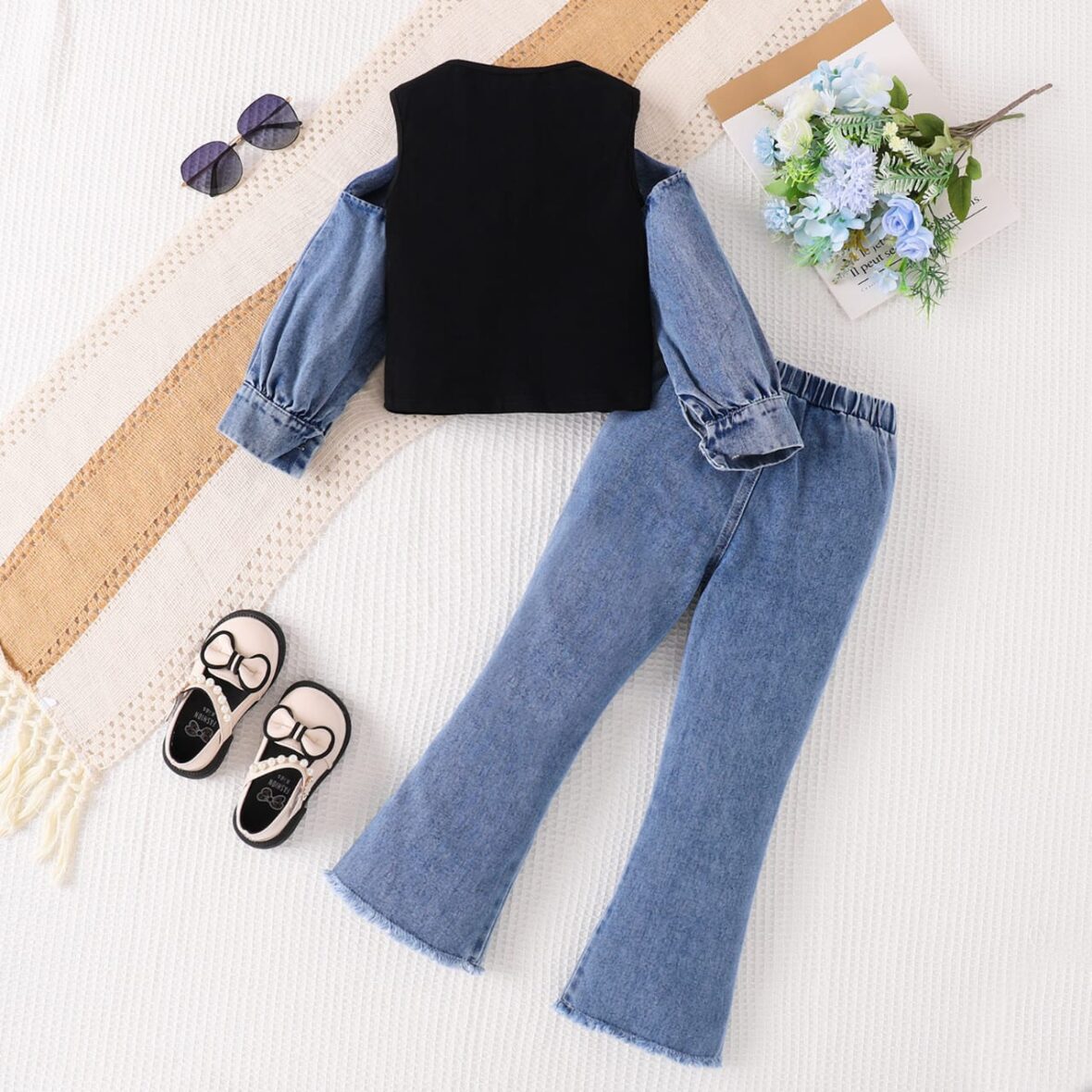 Toddler Girl Denim Hand Top and Flared Jeans 2pcs (1)