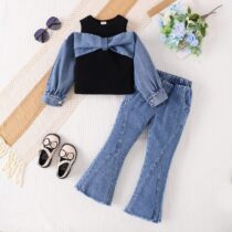 Toddler Girl Denim Hand Top and Flared Jeans 2pcs (2)