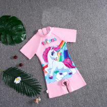Toddler Girl Unicorn Swimsuit – Pink Short Sleeve One-Piece with Rainbow and Princess Print