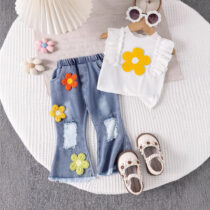 Toddler Girl Yellow Floral Top With Patched Denim Trouser 2pcs (1)