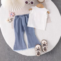 Toddler Girl Yellow Floral Top With Patched Denim Trouser 2pcs (2)