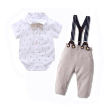 Baby Boys Beige Suspender Pants and Bear Print Shirt Set with Bow Tie