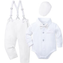 Baby Boys White Formal Pin Down Cotton Shirt with Suspenders, Pants, and Cap – Christening or Wedding Outfit