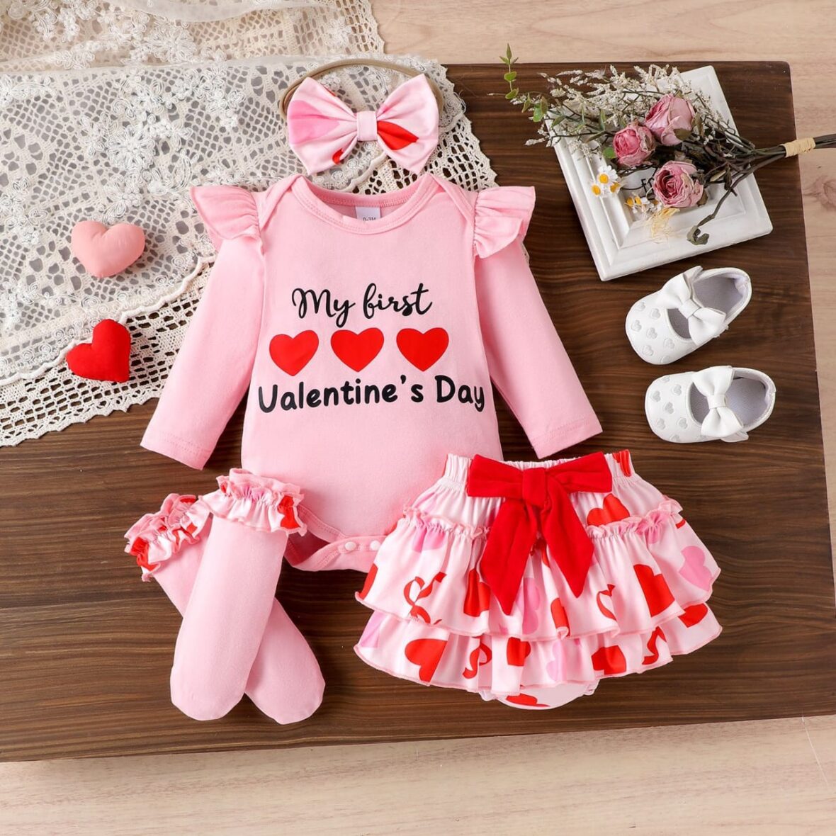 Baby Girls First Valentine’s Day Pink Hear, Socks And Head Band Outfit Set