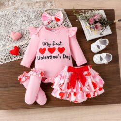 Baby Girls First Valentine’s Day Pink Hear, Socks Outfit Set