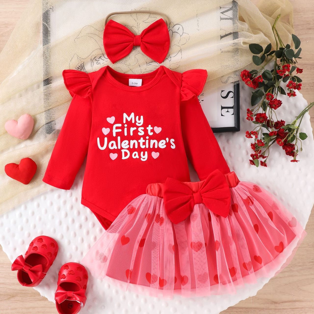 Baby Girls First Valentine’s Day Red Tulle Outfit Set