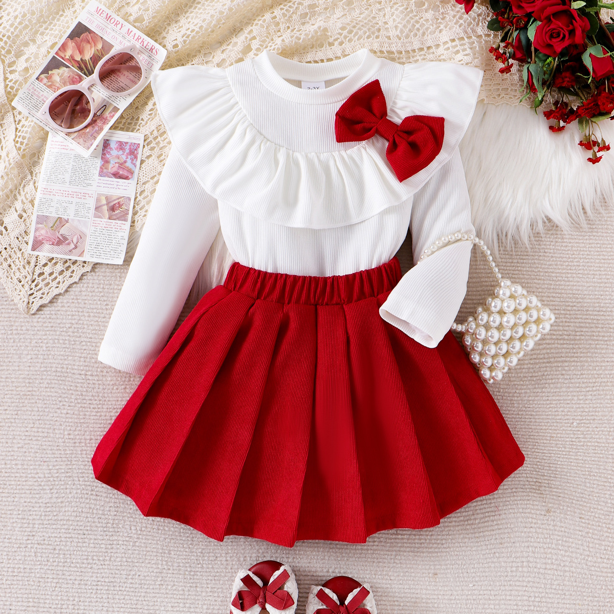 Baby Girls Red Bow Top and Pleated Skirt 2pcs (1)