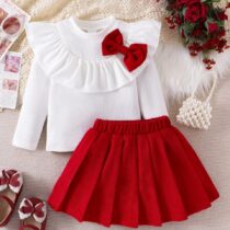 Baby Girls Red Bow Top and Pleated Skirt 2pcs (2)