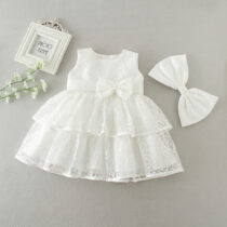 “Baby Girls White Lace Sleeveless Dress with Satin Bow and Headband – Christening or Party Wear