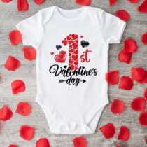 Baby Unisex 1st Valentine’s Day White Onesie with Heart Print