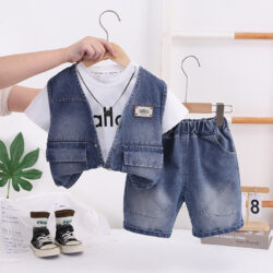 Boys Denim Vest and Shorts Set with Graphic Tee – Casual Wear 3pcs (1)