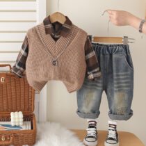 “Boys Plaid Shirt with Beige Knit Vest and Distressed Jeans (1)