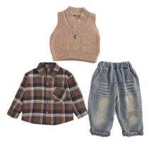 “Boys Plaid Shirt with Beige Knit Vest and Distressed Jeans (2)