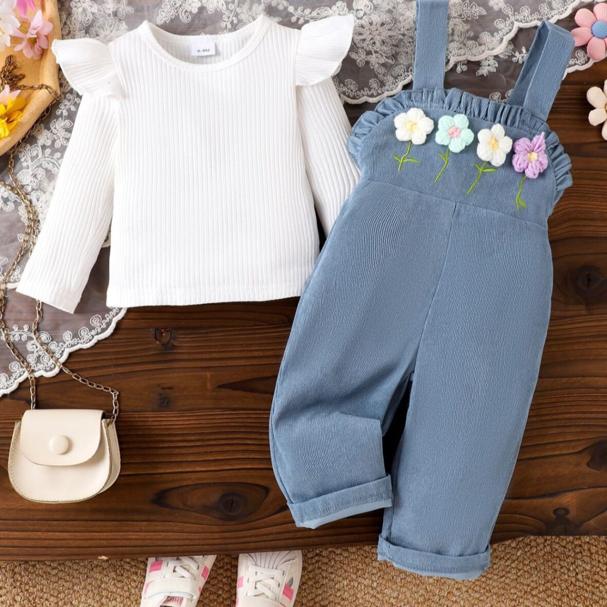 Girls Blue Corduroy Floral Overalls with White Ruffle Shirt (1)