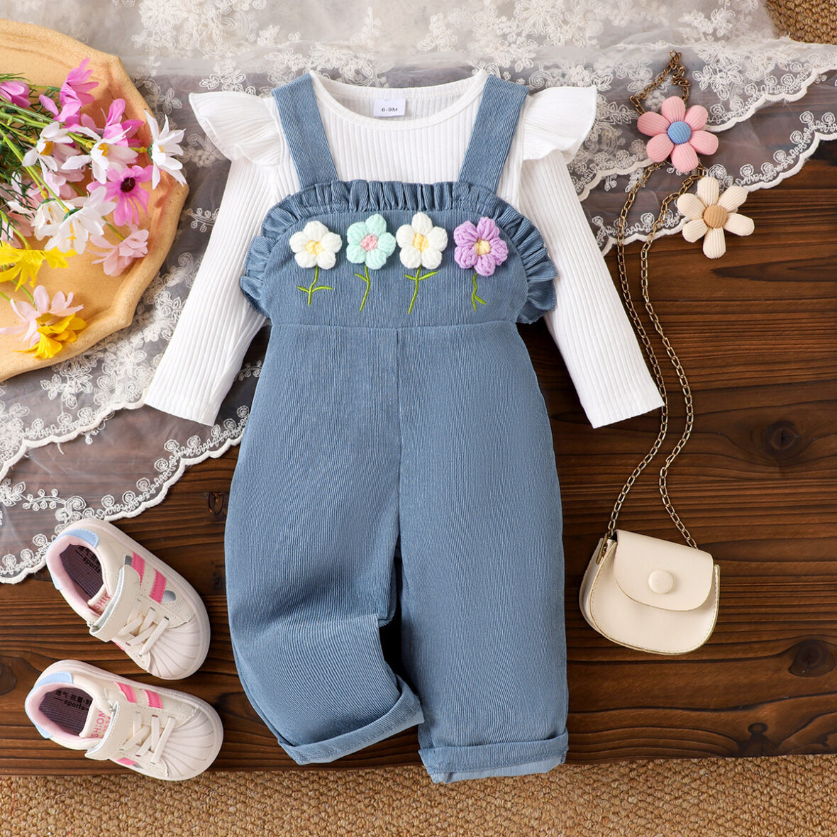 Toddlers And Baby Girls Blue Corduroy Floral Overalls with White Ruffle Shirt