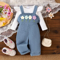Girls Blue Corduroy Floral Overalls with White Ruffle Shirt (2)