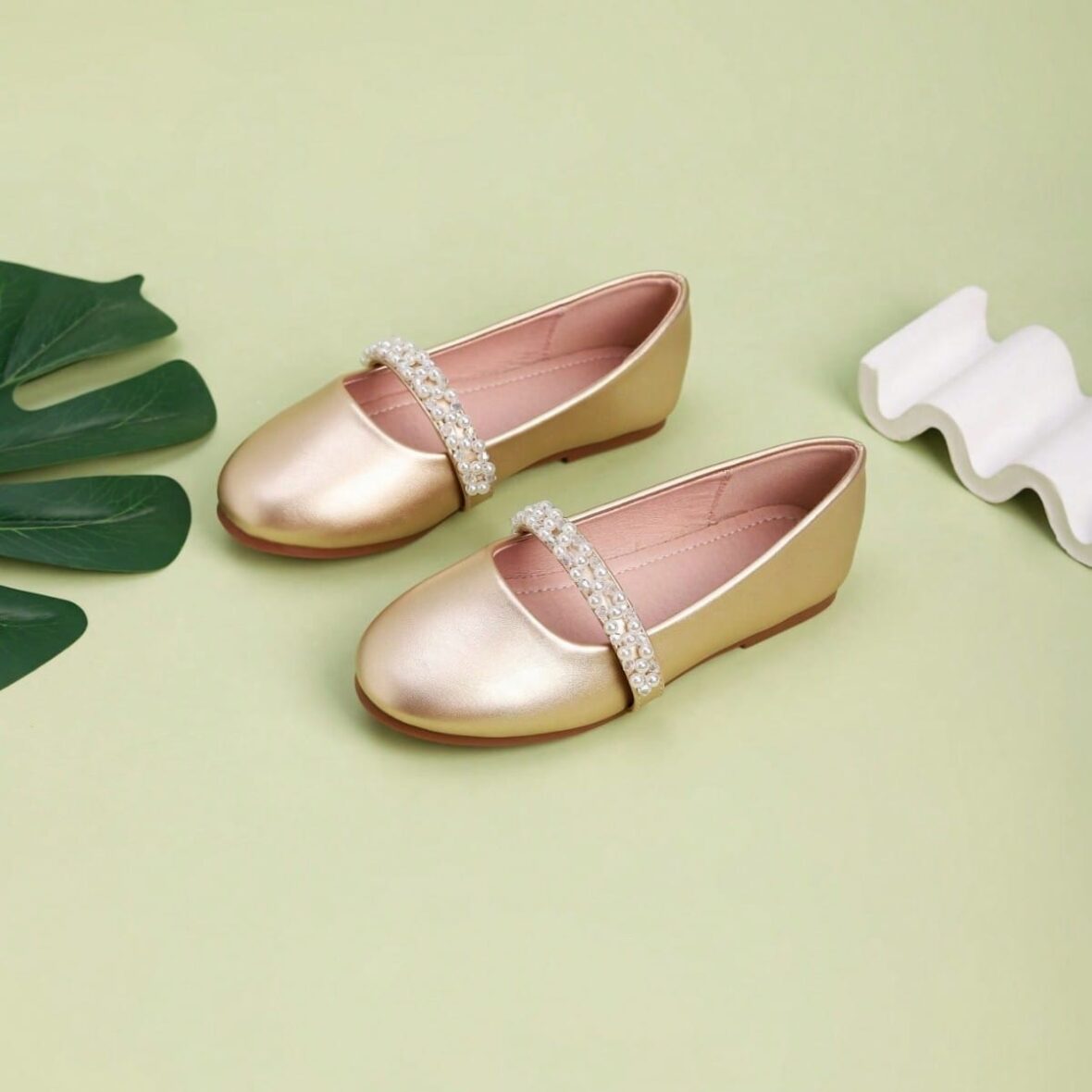 Girls Gold Pearl Strap Ballet Flats Dress Shoes