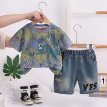 Kids And Toddlers Boys Colorful ‘DOMINION’ Graphic Tee with Distressed Denim Shorts 2pcs