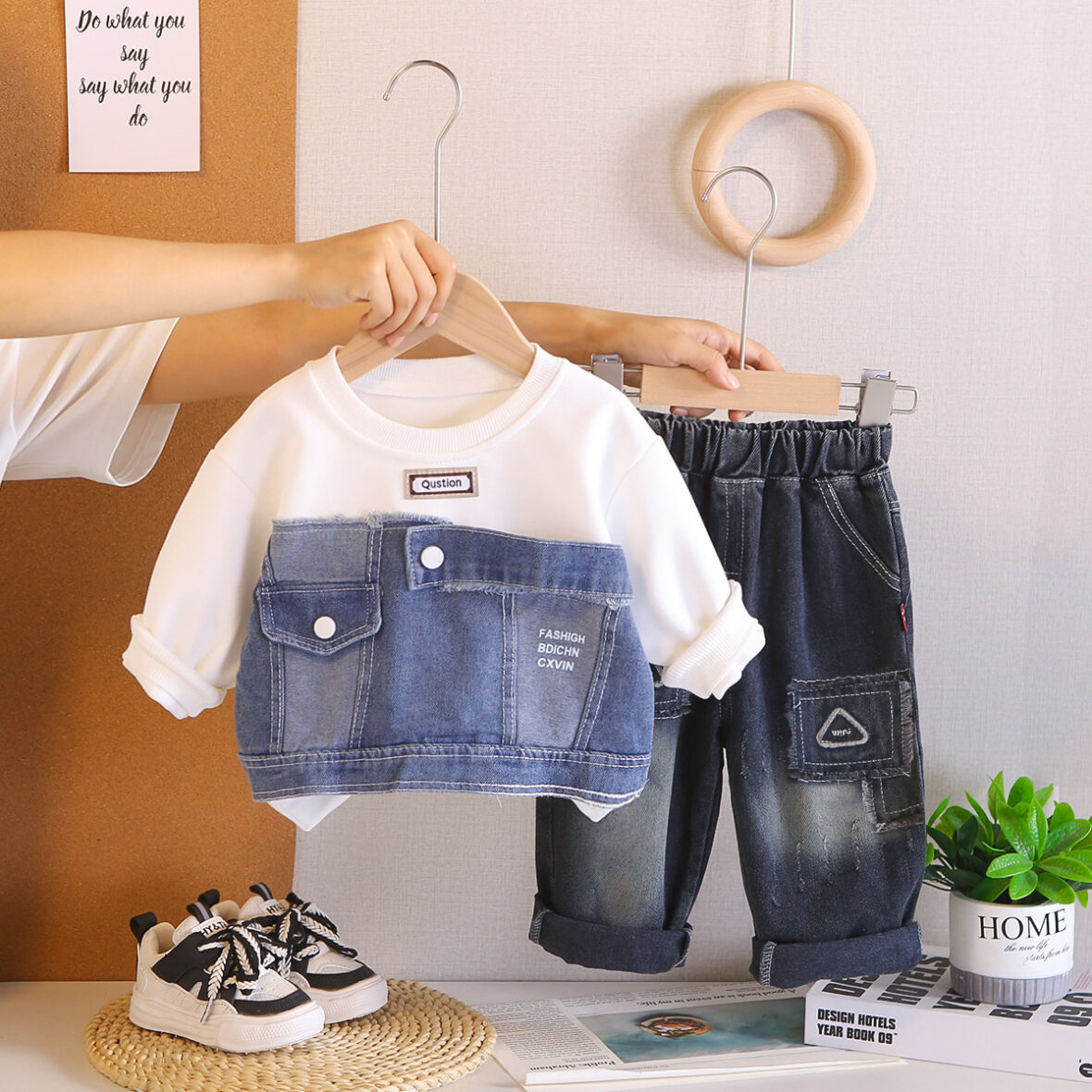 Kids And Toddlers Boys Denim Patchwork Shirt and Dark Jeans 2pcs