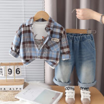 Kids And Toddlers Boys Plaid Shirt and Denim Jeans Casual Outfit Set