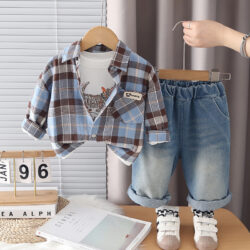 Kids And Toddlers Boys Plaid Shirt and Denim Jeans Casual Outfit Set
