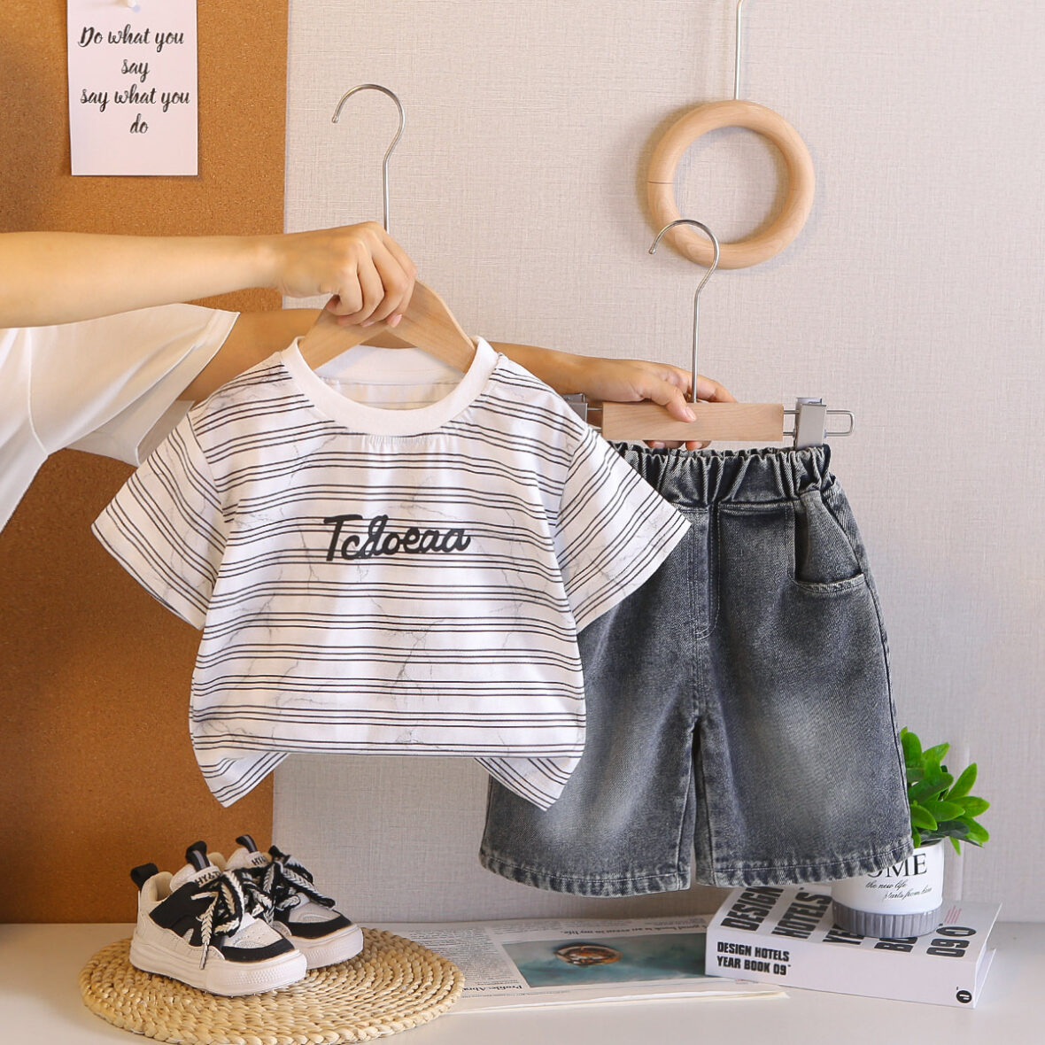 Kids And Toddlers Boys Striped ‘Telecea’ T-Shirt with Dark Gray Denim Shorts 2pcs