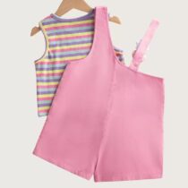Kids Girls Multicolor Stripe Top and Pink Dun Set with Plush Cat Detail (2)
