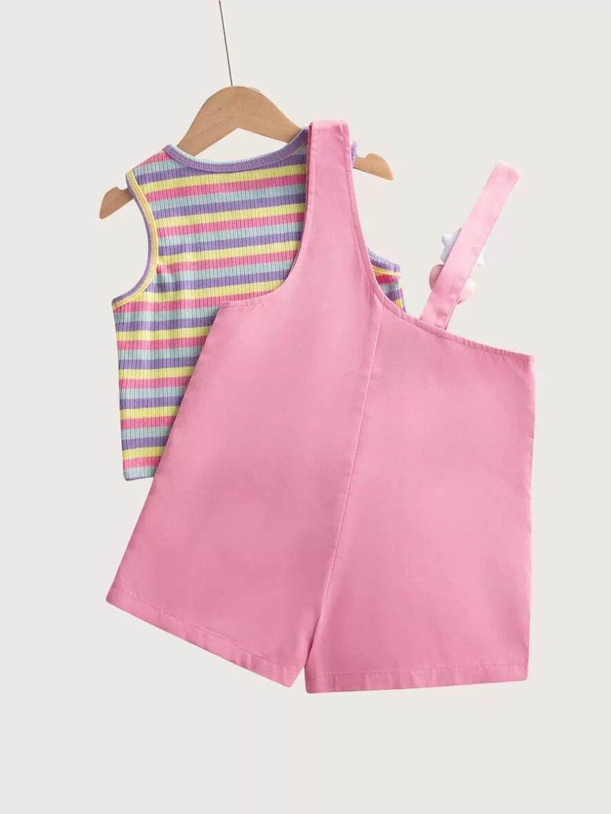 Kids Girls Multicolor Stripe Top and Pink Dun Set with Plush Cat Detail (2)