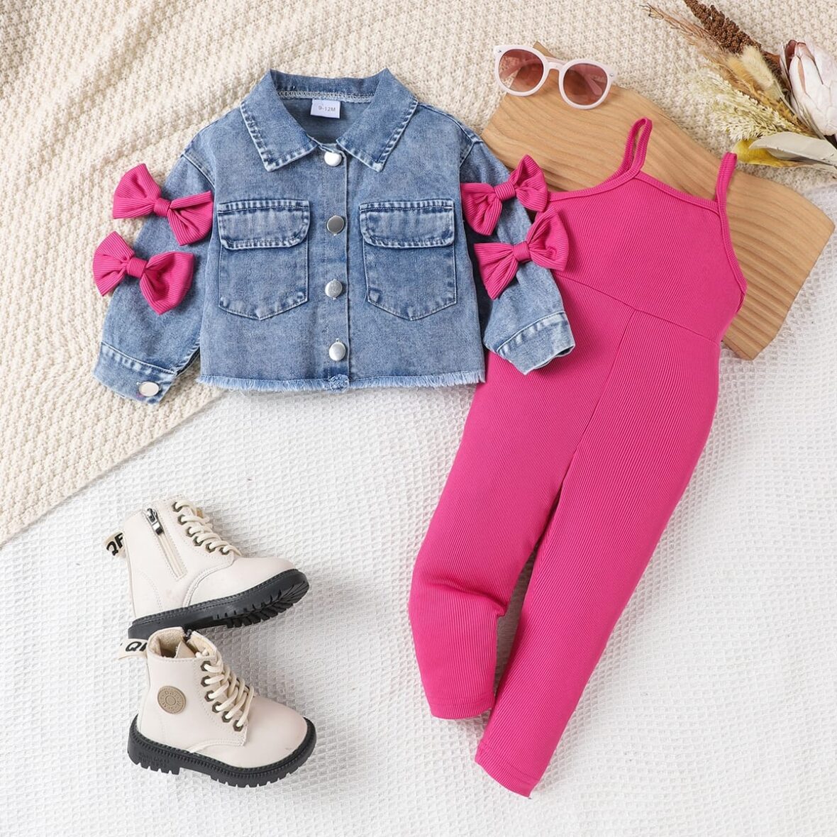 Toddlers And Baby Girls Pink Jumpsuit with Bow Denim Jacket 2pcs