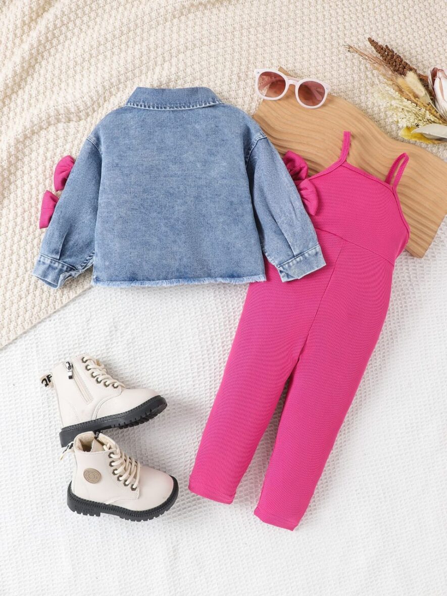 Kids Girls Pink Jumpsuit with Bow Denim Jacket 2pcs (2)