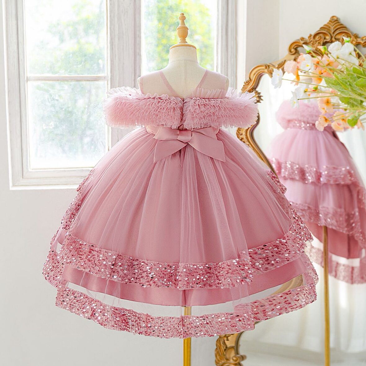 Kids Girls Pink Tulle Party Dress with Sequins and Off-Shoulder Ruffle (1)