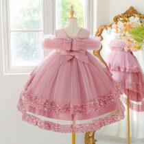 Kids Girls Pink Tulle Party Dress with Sequins and Off-Shoulder Ruffle (1)